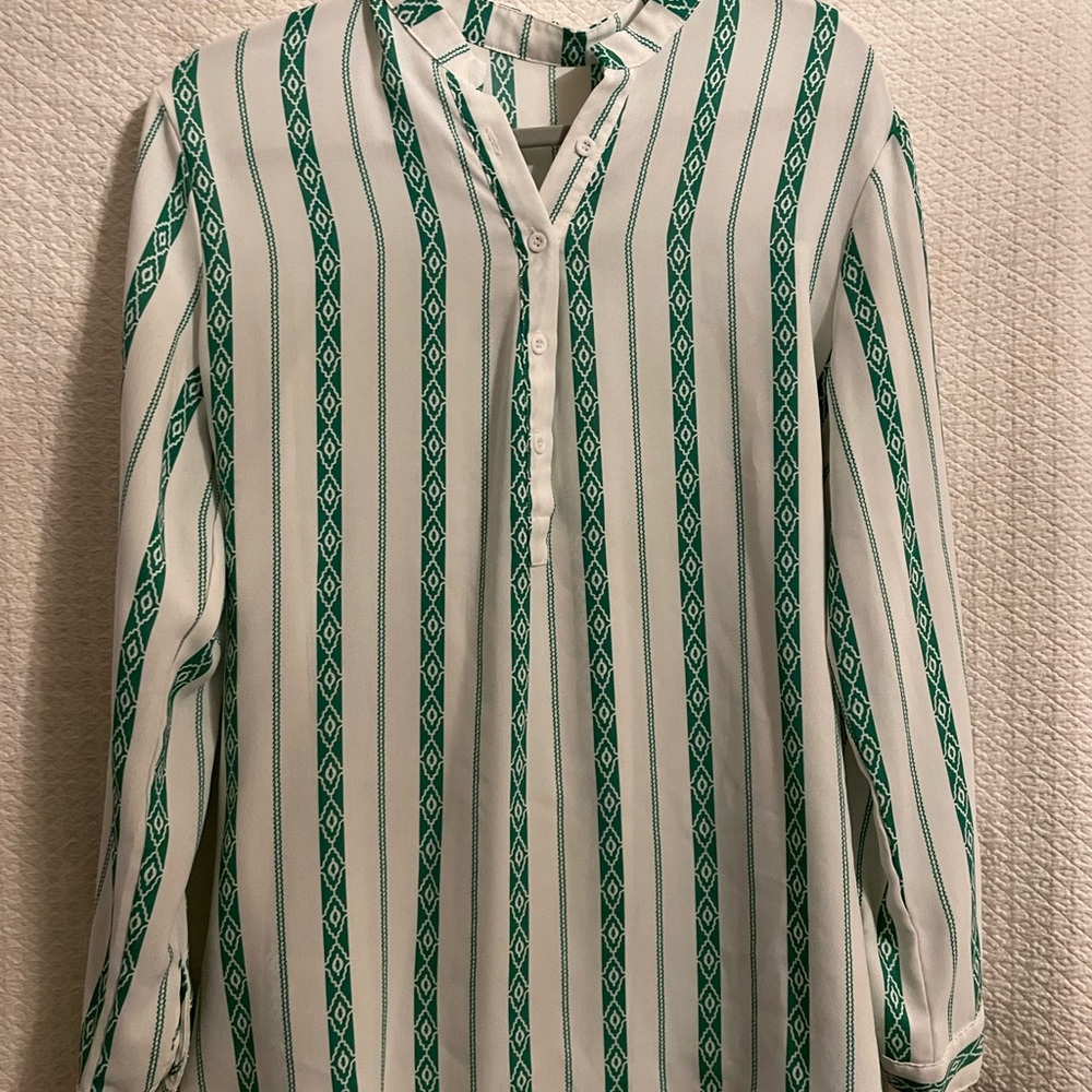 Green and White Striped Button-Up Blouse